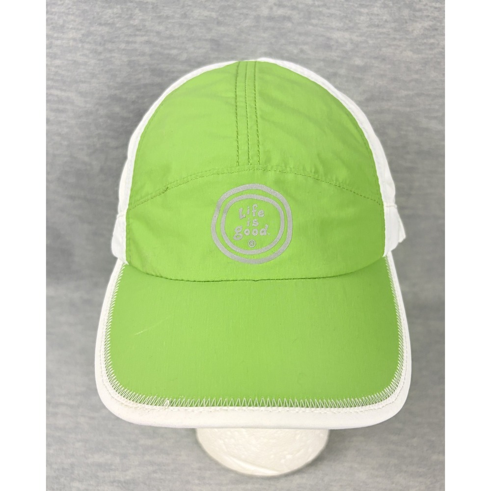 Life is Good Running Hat Womens Lime Green White Nylon Reflective Logo Tie Back